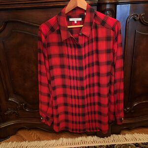 Foxcroft Blouse Women’s Plus Size Button Up Size 16 W Red Plaid Long Sleeve